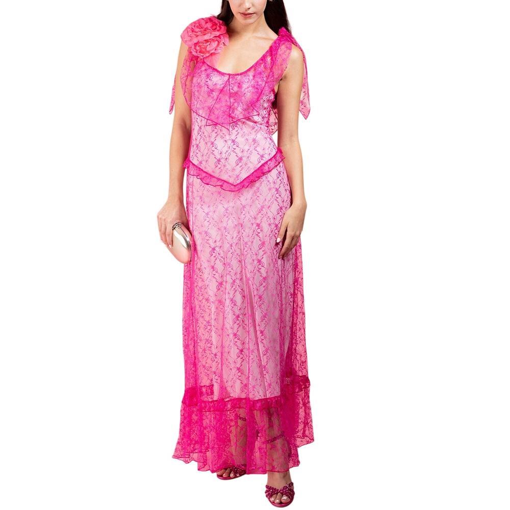 Rodarte Womens Floral Lace Dress with Ruffle Details in Pink 8